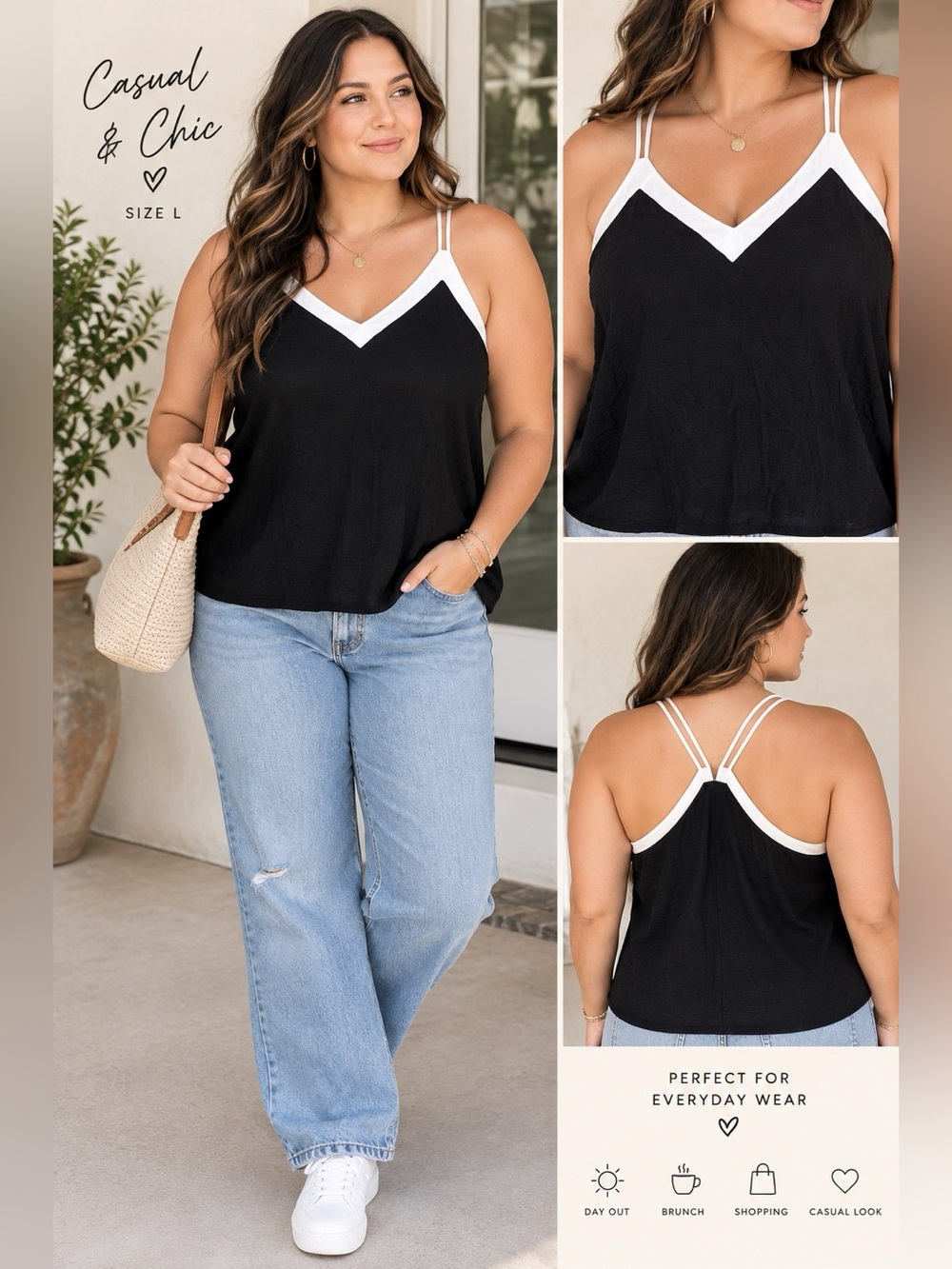 SHEIN Privé Colorblock Contrast Trim V-Neck Cami Tank Top Black White Size L